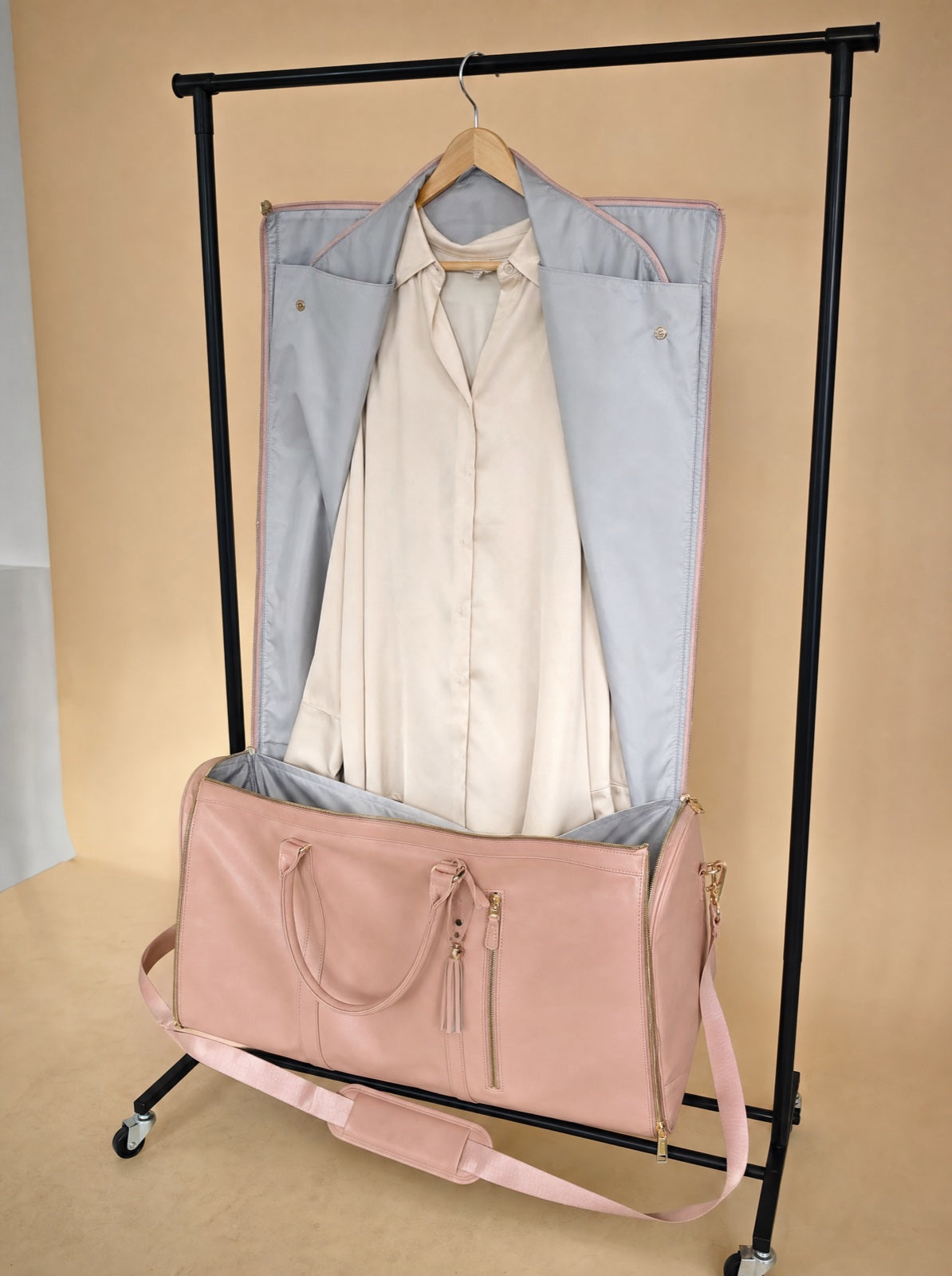 Unfolded and hanging with a blouse inside