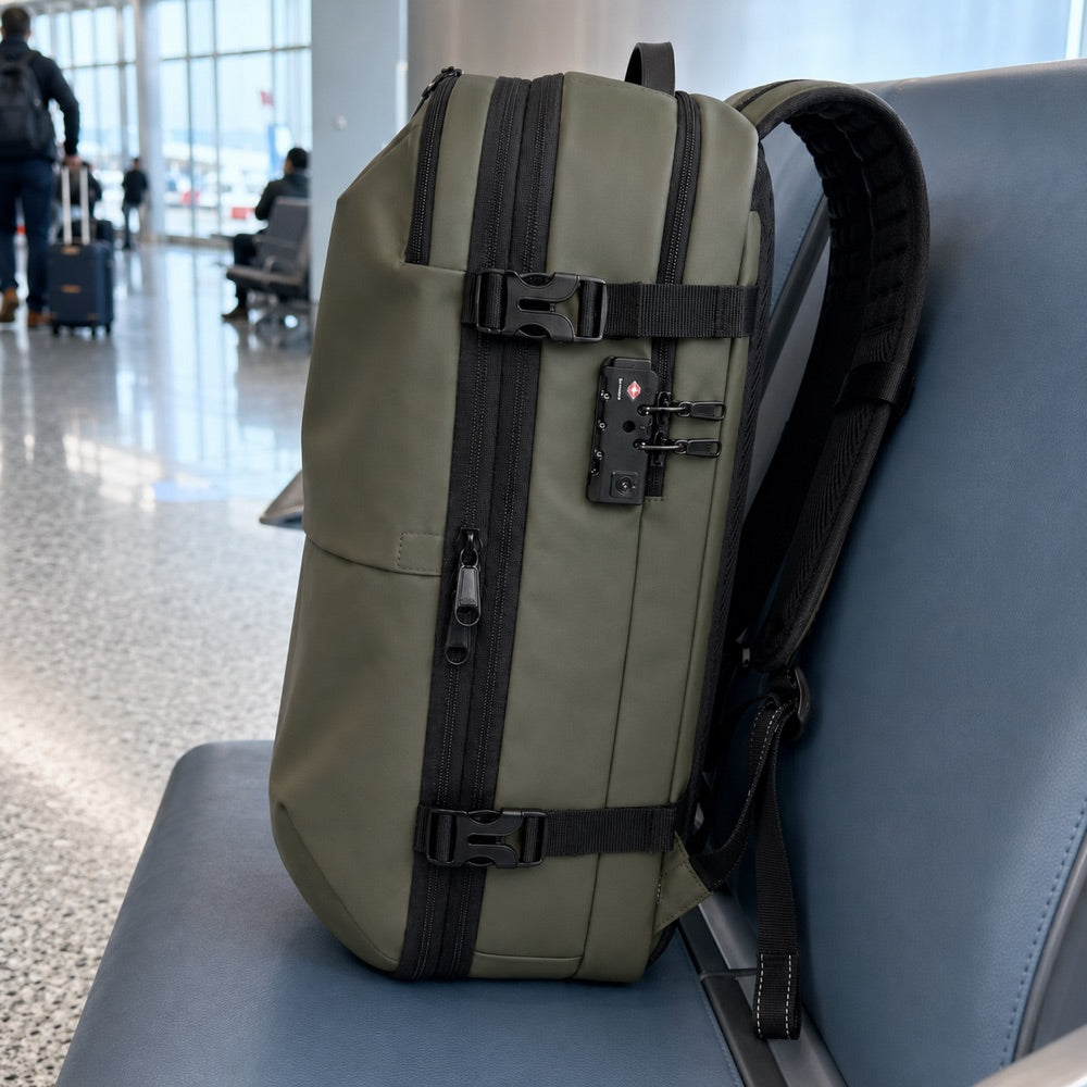 Side profile of the carry-on showing the TSA-approved lock