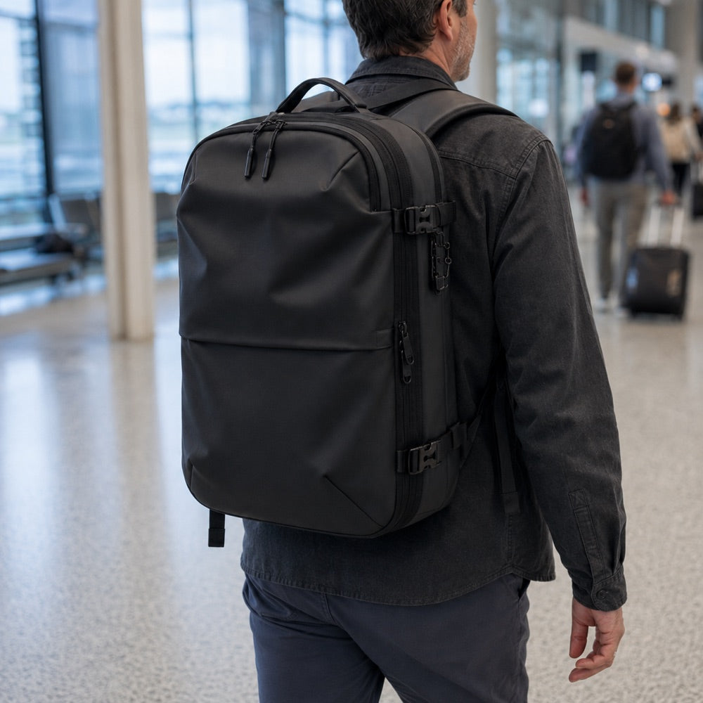 Traveler wearing the carry-on through the terminal
